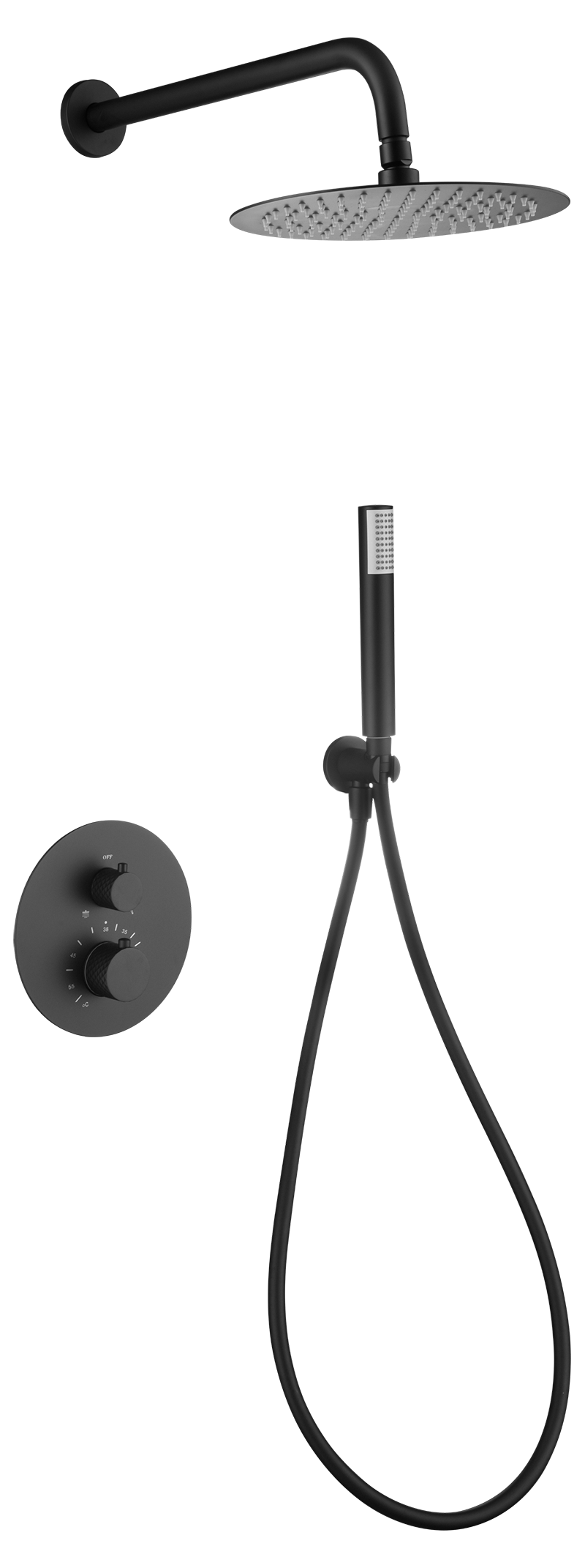 Conjunto de ducha empotrado termostático serie Génova en negro mate